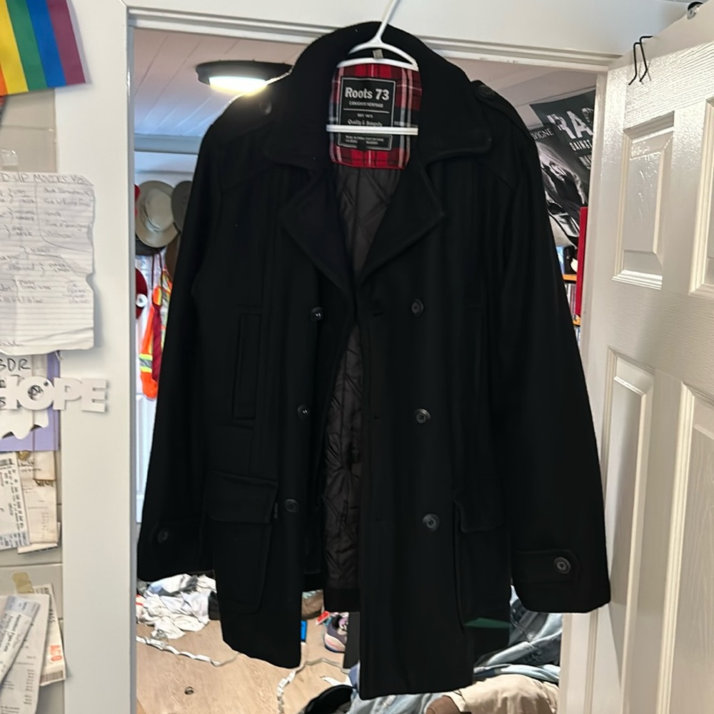 Mens black wool roots pea coat